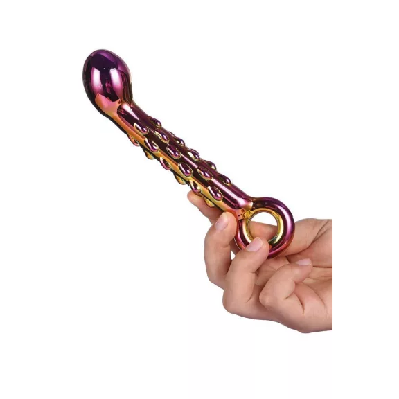 Glass Dildó G-pont stimuláló, Stimuláló pöttyös, Hőálló 18 cm színes